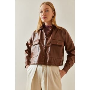 XHAN Brown Snap Buttons Leather Crop Shirt