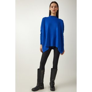 Happiness İstanbul Women's Blue High Neck Slit Knitwear Poncho Sweater