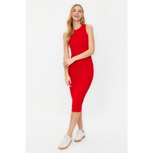 Trendyol Red Halter Neck Fitted Ribbed Flexible Midi Knitted Dress