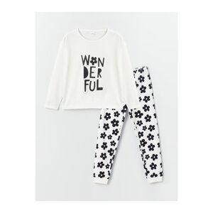 LC Waikiki Crew Neck Printed Long Sleeve Girls Kids Pajamas Set