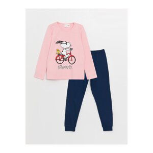 LC Waikiki Crew Neck Snoopy Printed Long Sleeve Girls Kids Pajamas Set