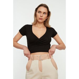 Trendyol Black Fitted/Sleek, Double Breasted Neck Crop Viscose Stretch Knit Blouse