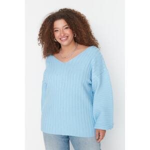 Trendyol Curve Modrá čipka detailný pletený sveter s výstrihom do V