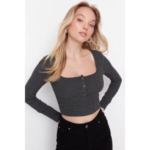 Trendyol Anthracite Button Detailed Square Neck Fitted Flexible Crop Knitted Blouse