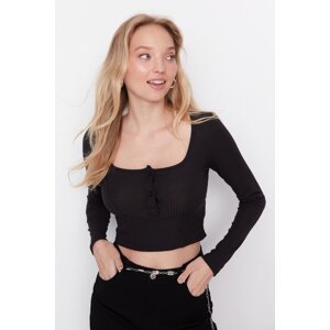 Trendyol Black Button Detailed Square Neck Fitted Flexible Crop Knitted Blouse