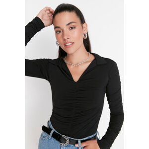 Trendyol Black Slim Gathered Polo Neck flexibilná pletená blúzka