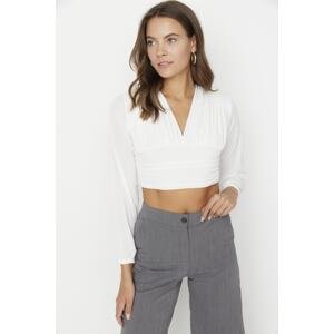 Trendyol White Drape Detailed Fitted V-Neck Crop Stretchy Knitted Blouse