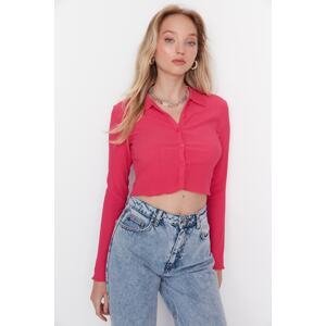 Trendyol Fuchsia Buttoned Fitted Polo Neck Wrap/Textured Crop Knitted Blouse