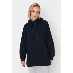 Trendyol Navy Blue Hooded Oversized Rayon Knitted Sweatshirt.