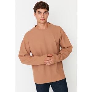 Trendyol Camel Men's Oversize/Wide Cut Crew Neck Textured T-Shirt with Stitching Detail