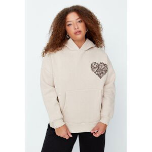 Trendyol Curve Beige Printed Hooded Thick Rayon Knitted Sweatshirt.