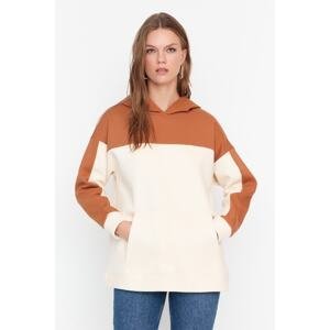 Trendyol Brown Color Block Hooded 100% Cotton Knitted Sweatshirt