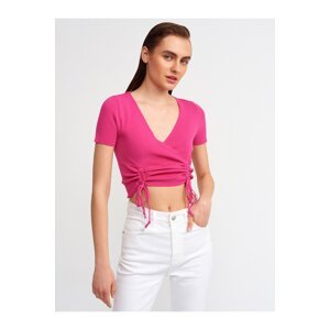 Dilvin 10194 Double Breasted Collar Front Gathered Knitwear Crop-fuchsia