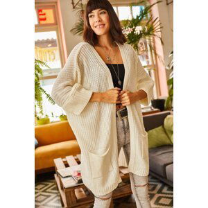 Olalook Women's Ecru Sleeve Folded Pocket Oversize Loose Knitwear Cardigan