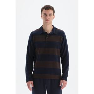 Dagi Navy Blue Striped Polo Neck Half Pop Sweatshirt.