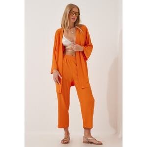 Happiness İstanbul Women's Orange Kimono Pants Knit Set