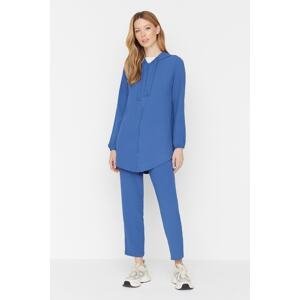 Trendyol Dark Blue Hooded Zippered Aerobin Cardigan-Pants Woven Set
