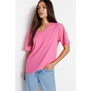 Trendyol Pink 100% Cotton Oversize/Wide Fit V-Neck Short Sleeve Knitted T-Shirt