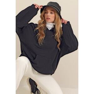 Trend Alaçatı Stili Women's Black Hooded Kangaroo Pocket 3 Thread Thick Sweatshirt