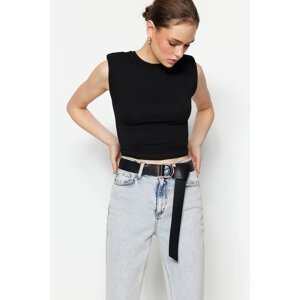 Trendyol Black Waistband Fitted/Simple Crew Neck Crop Stretch Knitted Blouse