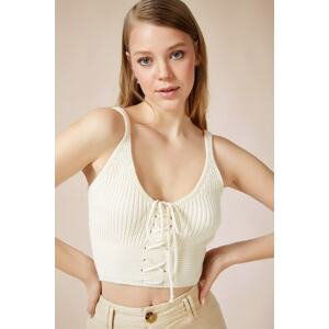 Happiness İstanbul Women's Cream Zigzag String Knitwear Crop Blouse