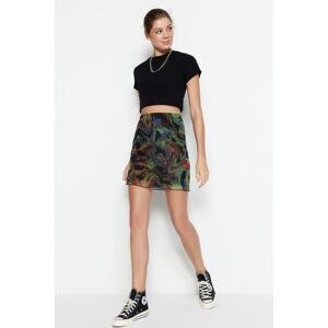 Trendyol Brown Printed Tulle High Waist Lined Mini Knitted Skirt