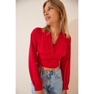 Happiness İstanbul Women's Red Deep V Neck Crop Sandy Knitted
