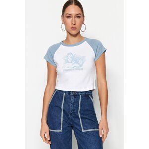 Trendyol Blue 100% Cotton Printed Fitted Crop Crew Neck Knitted T-Shirt