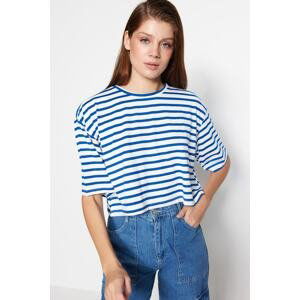 Trendyol Navy Striped Relaxed/Wide Comfortable Cut Crop Crew Neck Knitted T-Shirt