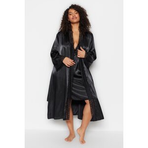 Trendyol Curve Black Belted Satin Woven Lace Dressing Gown