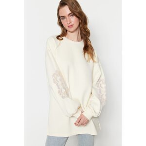 Trendyol Ecru Sleeve Embroidery Detailed Scuba Knitted Sweatshirt