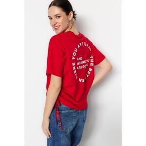 Trendyol Red 100% Cotton Back Printed Gather Detailed Boyfriend Fit Crew Neck T-Shirt