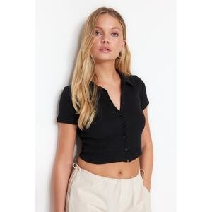 Trendyol Black Button Detail Fitted/Situated Crop Polo Neck Ribbed Stretch Knit Blouse