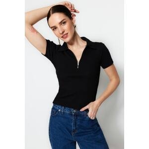 Trendyol Black Zipper Detailed Fitted Polo Neck Ribbed Stretchy Knitted Blouse