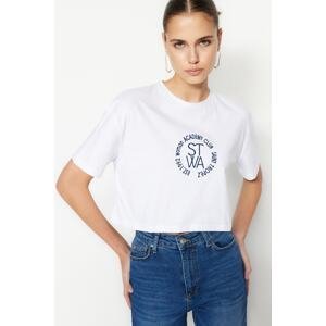 Trendyol White 100% Cotton Embroidered Crop Crew Neck Knitted T-Shirt