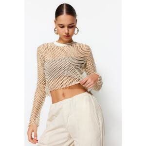 Trendyol Beige Lurex Mesh Relaxed Cut Crew Neck Crop Knitted Blouse