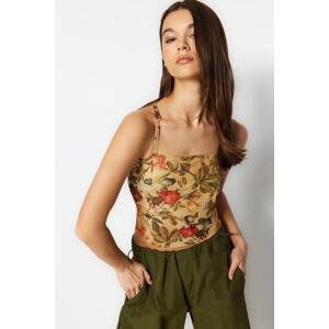 Trendyol Multicolored Floral Patterned Fitted Strap Crop Lined Stretchy Tulle Knitted Blouse