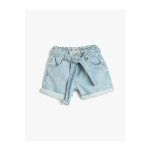 Koton Girl's Denim Shorts with Belt Detail, Pockets, Cotton, Elastic Waist