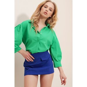 Trend Alaçatı Stili Women's Green Balloon Sleeve Concealed Poplin Basic Poplin Shirt