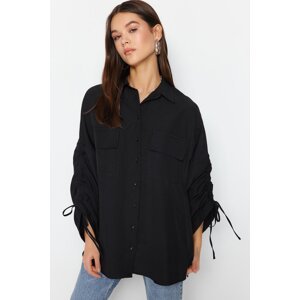 Trendyol Black Adjustable Shirring Sleeves, Woven Cotton Shirts