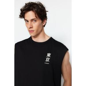 Trendyol Čierne pánske oversized tričko s potlačou Far Eastern