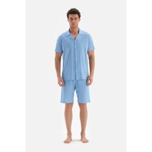 Dagi Blue Shirt Collar Printed Shorts Pajamas Set