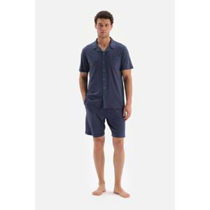 Dagi Navy Blue Shirt Collar Short Sleeved Shorts Knitted Pajamas Set