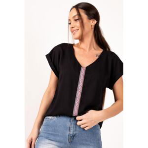 armonika Women's Black V-Neck Ethnic Stripe Front Blouse