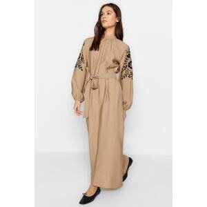 Trendyol Beige Belted Embroidery Detail Wide Fit Woven Dress