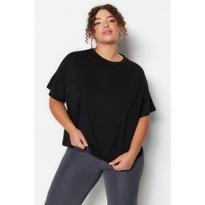 Trendyol Curve Black Crew Neck Knitted Crop T-Shirt with Stitching Detail