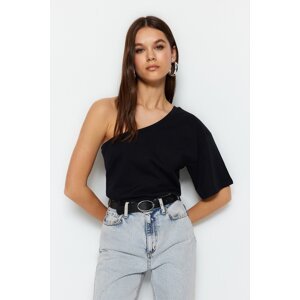 Trendyol Black Asymmetrical Collar 100% Cotton Single Sleeve Basic Knitted T-Shirt