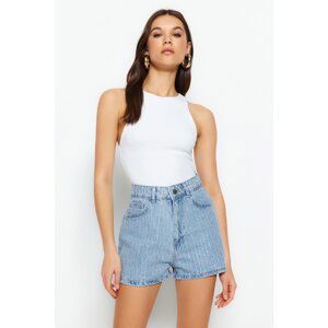 Trendyol High Waist Denim Shorts With Blue Stones