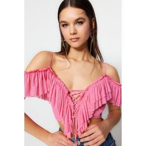 Trendyol Pink Crop Knitted Ruffle Blouse