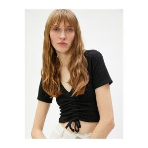 Koton Crop T-Shirt Pleated V-Neck